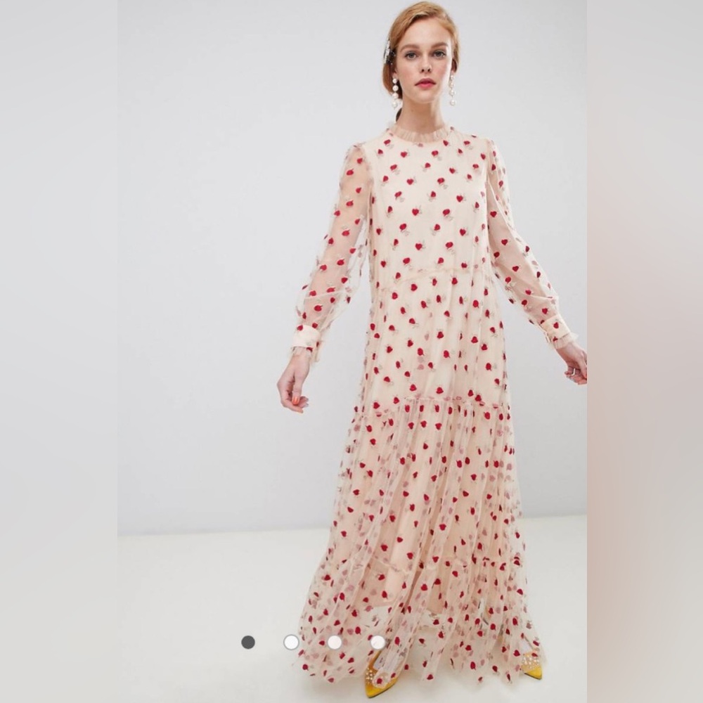 Sister Jane rose embroidered sheer ruffle high neck long sleeve maxi dress NWOT